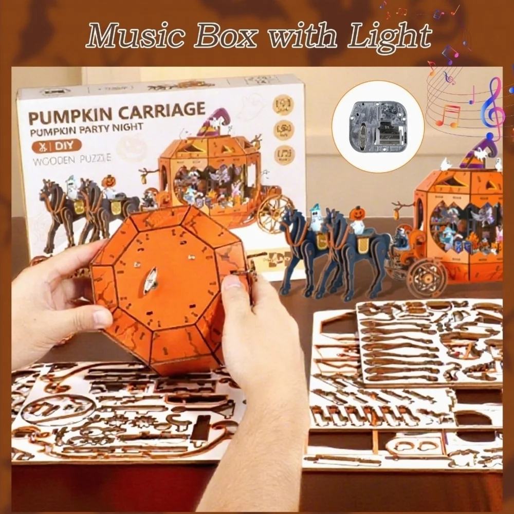 Pumpkin Carriage DIY Wooden Puzzle - Orange and Black